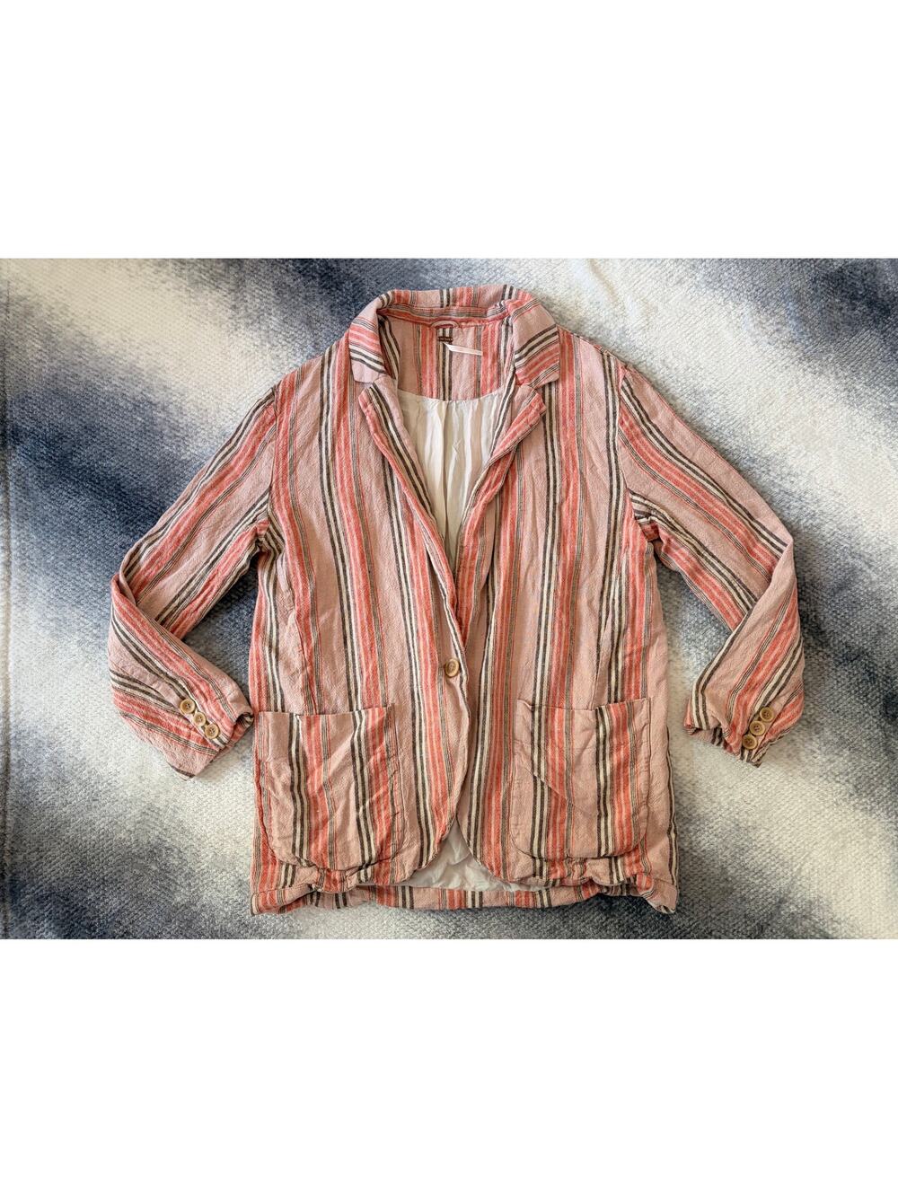 Free People Simply Stripe Linen Oversize Boyfriend Peach Blazer Size Small